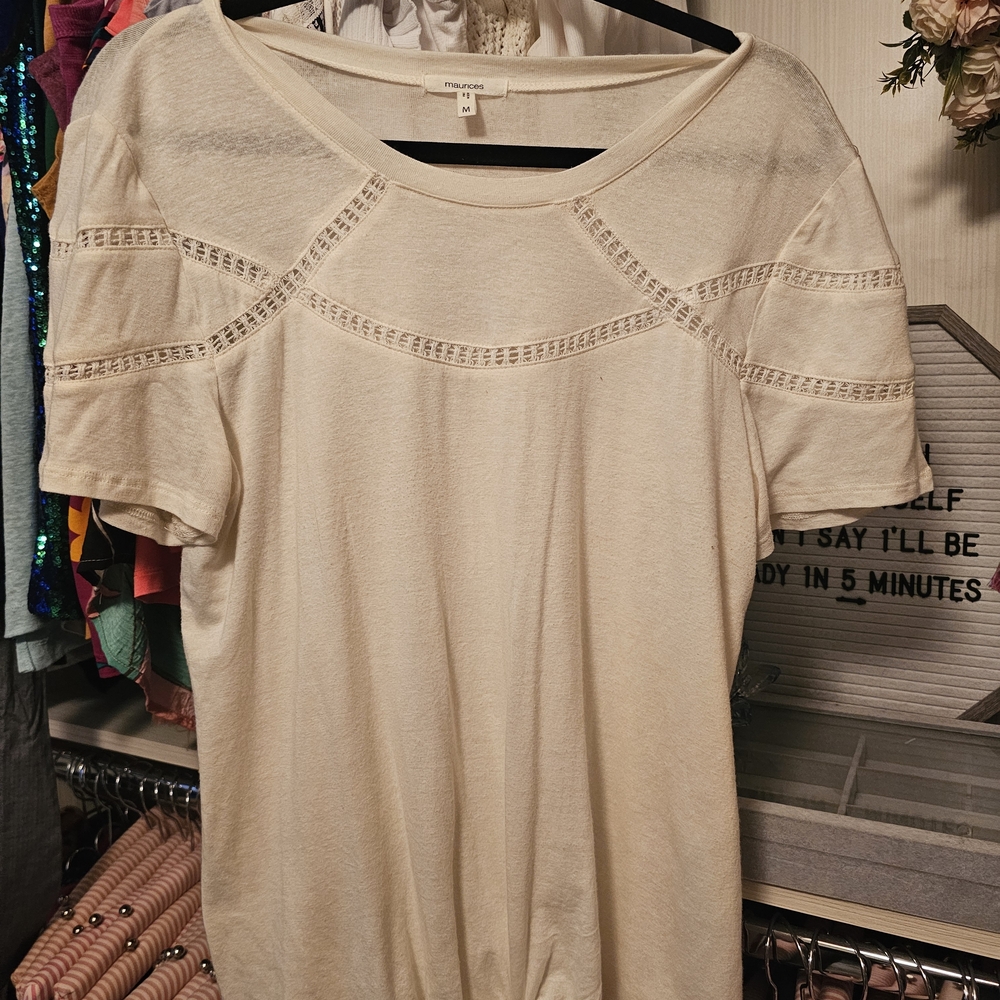 Maurices Cream Short Sleeve Top with Crochet Details